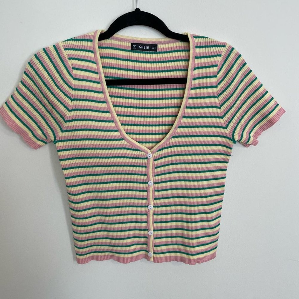Shein Striped Rib Knit Button Up Cardigan